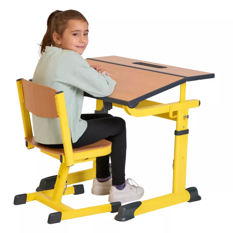 Schreibtisch, Schulbank, Kinderstuhl, Holzplatte, Gelb