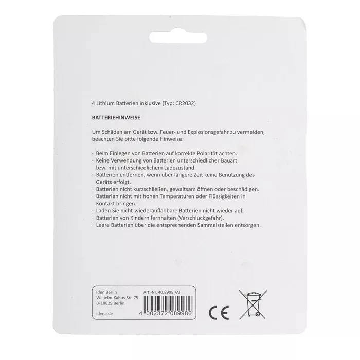 Lithium-Batterie, CR2032, Batteriepack, Hinweise, CE-Symbol