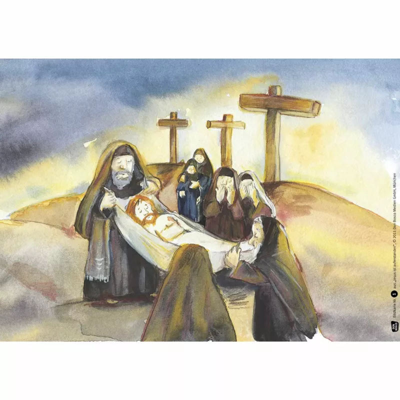 Kreuzigung, Jesuskind, Familienbild, Kreuze, Bilderbuchstil