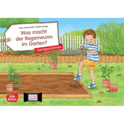Gemüsegarten, Beetboden, Gartenwerkzeug, Junge im Garten, Regenwurm