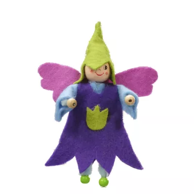 Filzkünstlerfigur, Feen-Puppe, Lila Kostüm, Grüne Mütze, Flügel