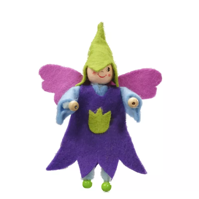 Filzkünstlerfigur, Feen-Puppe, Lila Kostüm, Grüne Mütze, Flügel