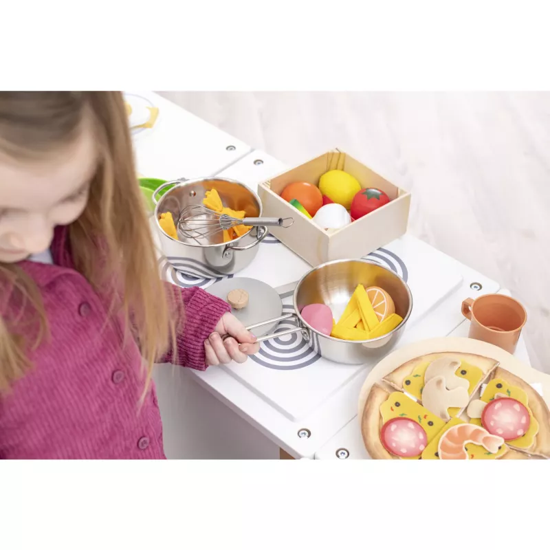 Kinderküche, Küchenutensilien, Holzspielzeug, Früchte, Pizza-Spielset