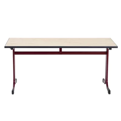 Schreibtisch, Holzoberfläche, Rolltisch, roter Rahmen, Metallgestell