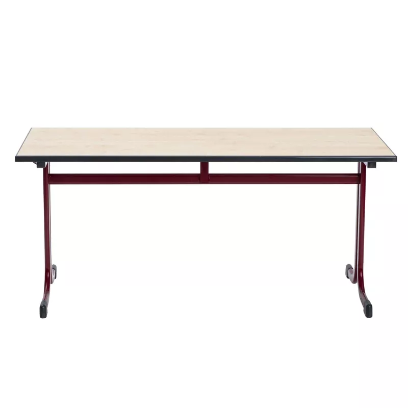 Schreibtisch, Holzoberfläche, Rolltisch, roter Rahmen, Metallgestell