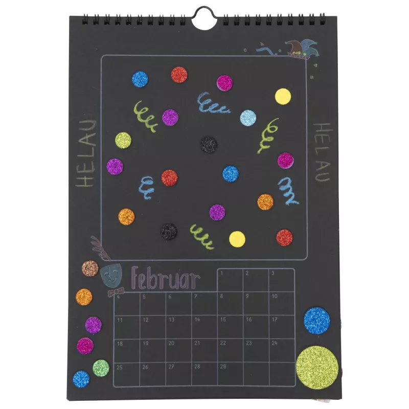Kalender, Monatskalender, Schwarzpapier, Glitzerpunkte, Februar