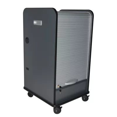 roll-top cabinet, mobiles Büroregal, lockable, steel cabinet, gray color