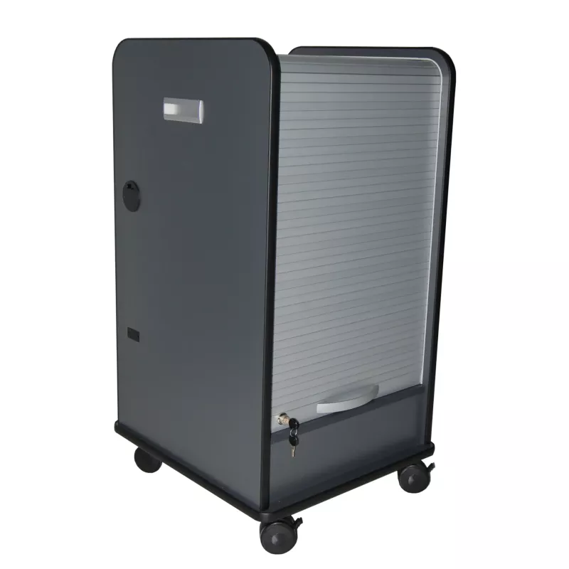 roll-top cabinet, mobiles Büroregal, lockable, steel cabinet, gray color