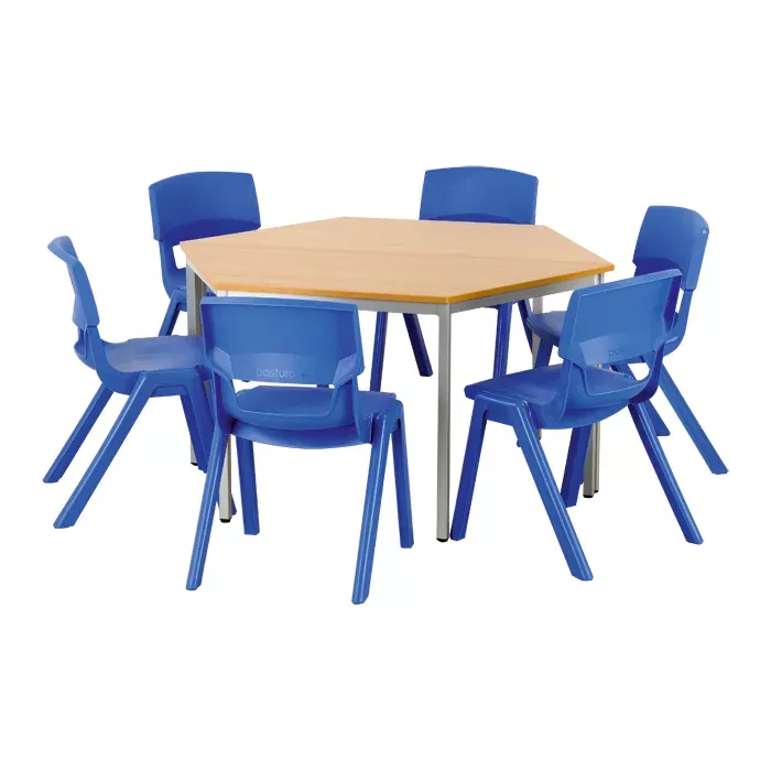Kindertischset, Hexagonisch Tisch, Holztischplatte, blaues Stuhlset, Schulgartenstuhl-Set