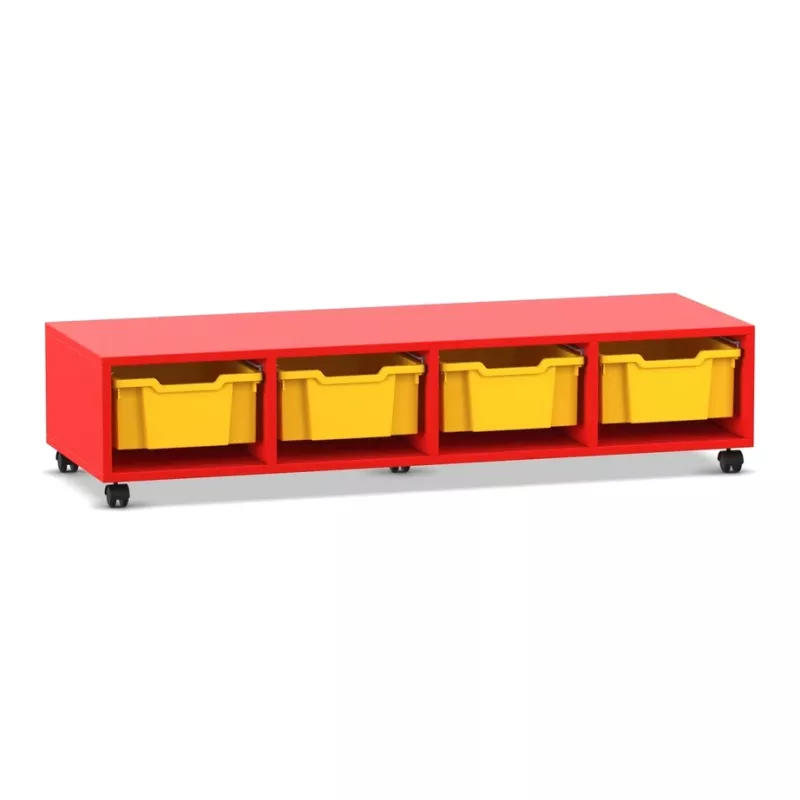 basin storage, mobile cart, under-shelf, yellow bins, red cabinet