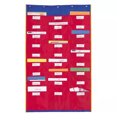 organizer, name tags, colorful fabric, pocket chart, labels
