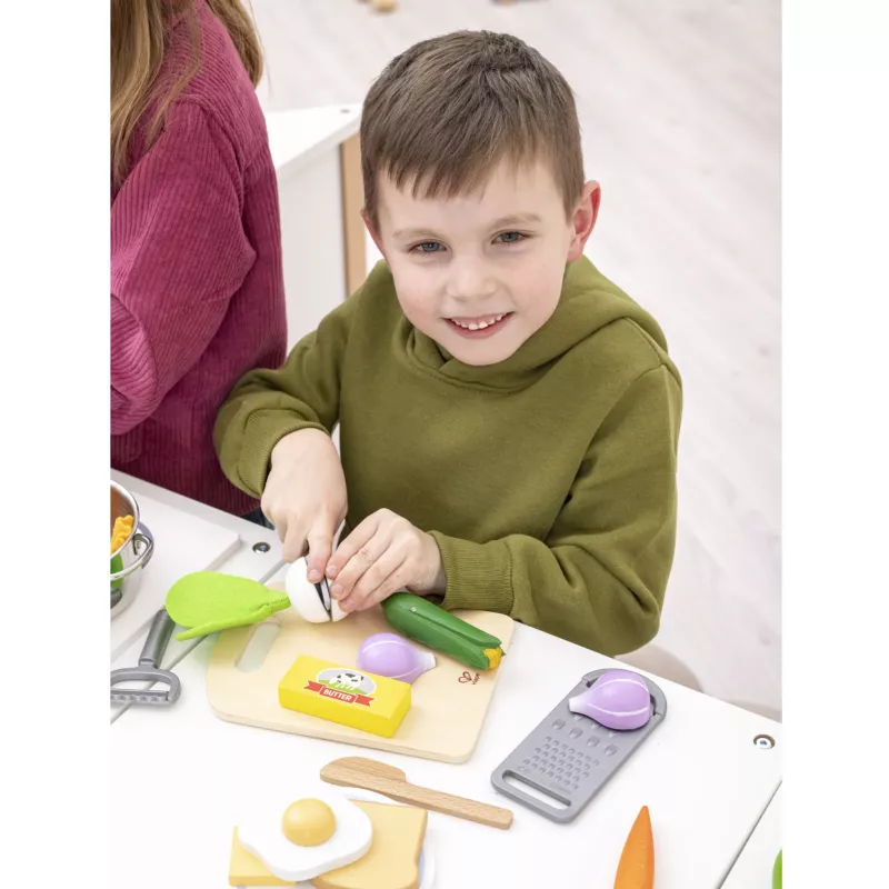 Kinderkochset, Holzspielzeug, Kochzubehör, Gemüse, Küchenwerkzeug