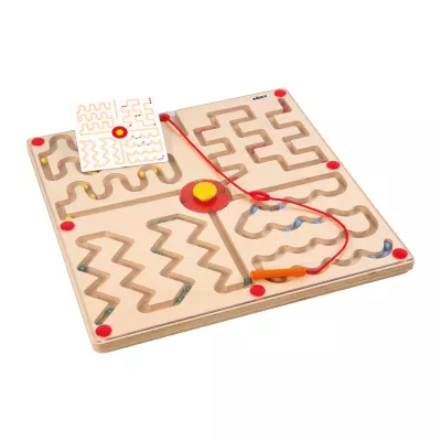 Holz-Spielbrett, Labyrinth, Geduldsspiel, Farbakzente, Stift/Seil-System