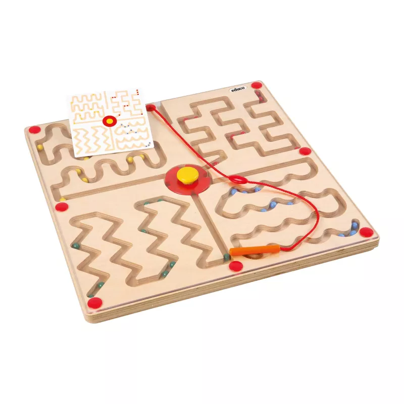 Holz-Spielbrett, Labyrinth, Geduldsspiel, Farbakzente, Stift/Seil-System