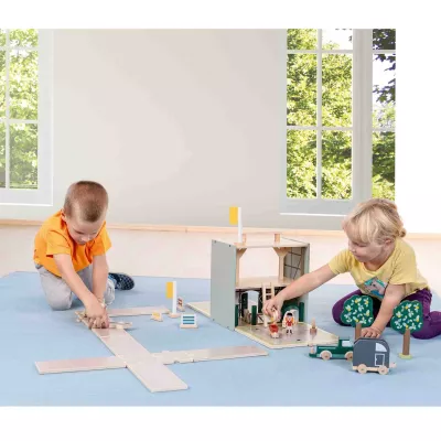 Holzspielzeug, Konstruktionsspielzeug, Kinderzimmer, Holzblocke, Straßenbahn/Autobahn