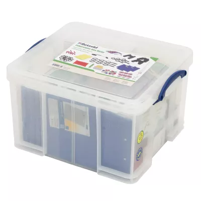 Aufbewahrungsbox, Kunststoffbox, durchsichtiger Deckel, blaue Einsätze, Organisationsset