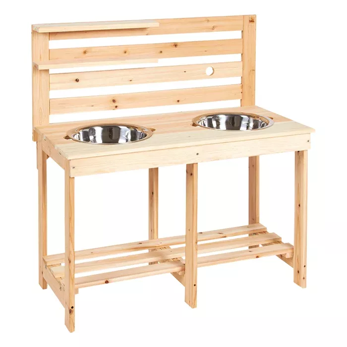 Holzküche, Schüsselhalter, Doppelnase, Holzgrundplatte, Edelstahl-Schalen