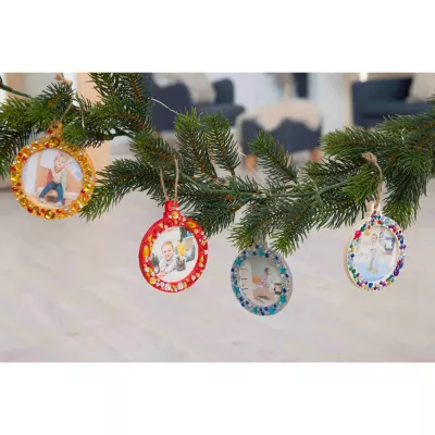 Christmastree ornaments, photo magnets, round pendants, gem-studded, baby pictures