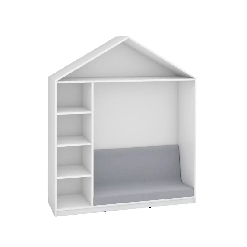 Kinderbett, Hausform, Regalflächen, Sitzkissen, Weiß
