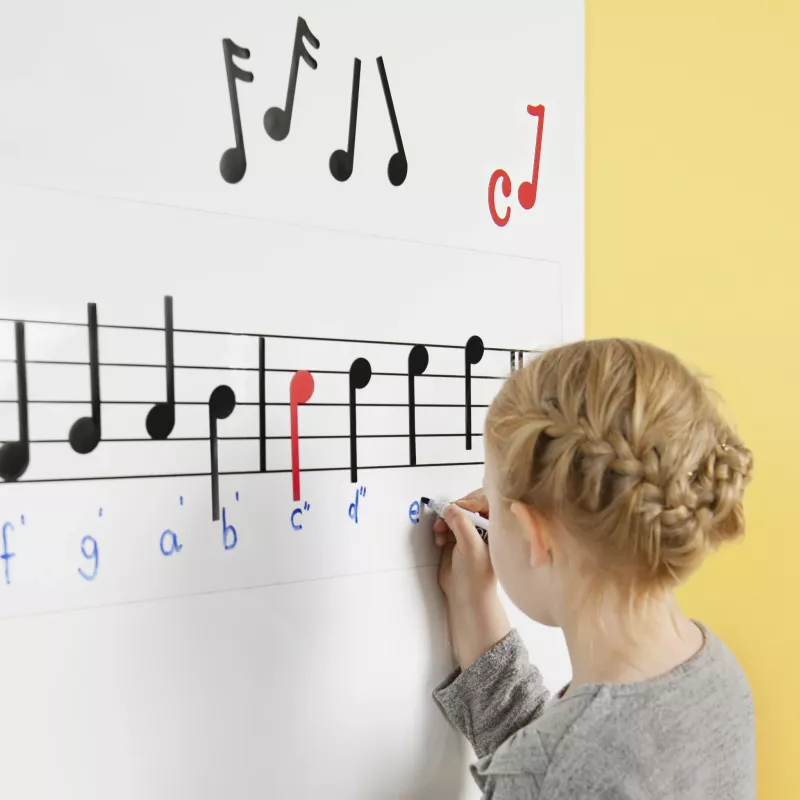 Musikalische Notation, Partitur, Musikunterricht, Kind schreibt, Bildungstafel