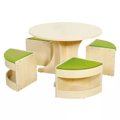 runder tisch, holzset, grüner sitz, rundtisch, stuhlset