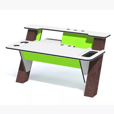 gaming desk, corner desk, grüne Akzente, braune Beine, weißer Schreibtisch