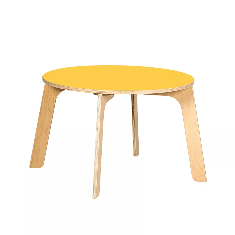 Tisch, Holztisch, runder Tisch, gelber Tisch, Beine aus Holz