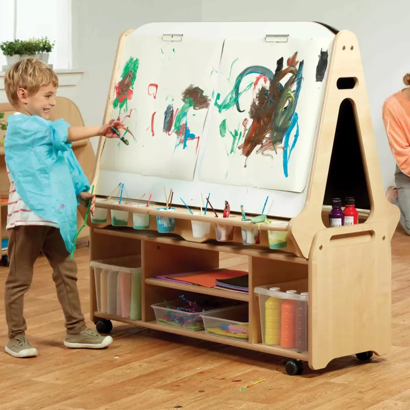 Kindermaltisch, Holzstaffelei, Doppelseitige Maltafel, Aufbewahrungsfächer, Rollen