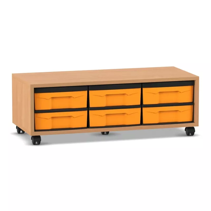 Lowboard, Aufbewahrung, orangefarbene Schubladen, Holzschrank, Rollende Füße