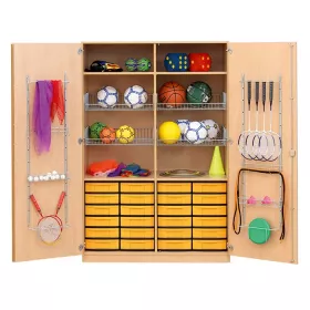 Sportschrank, 190 x 126,4 x 60 cm, mit 4 Gitterkörben, 24 Boxen und Türen mit Gerätehaken